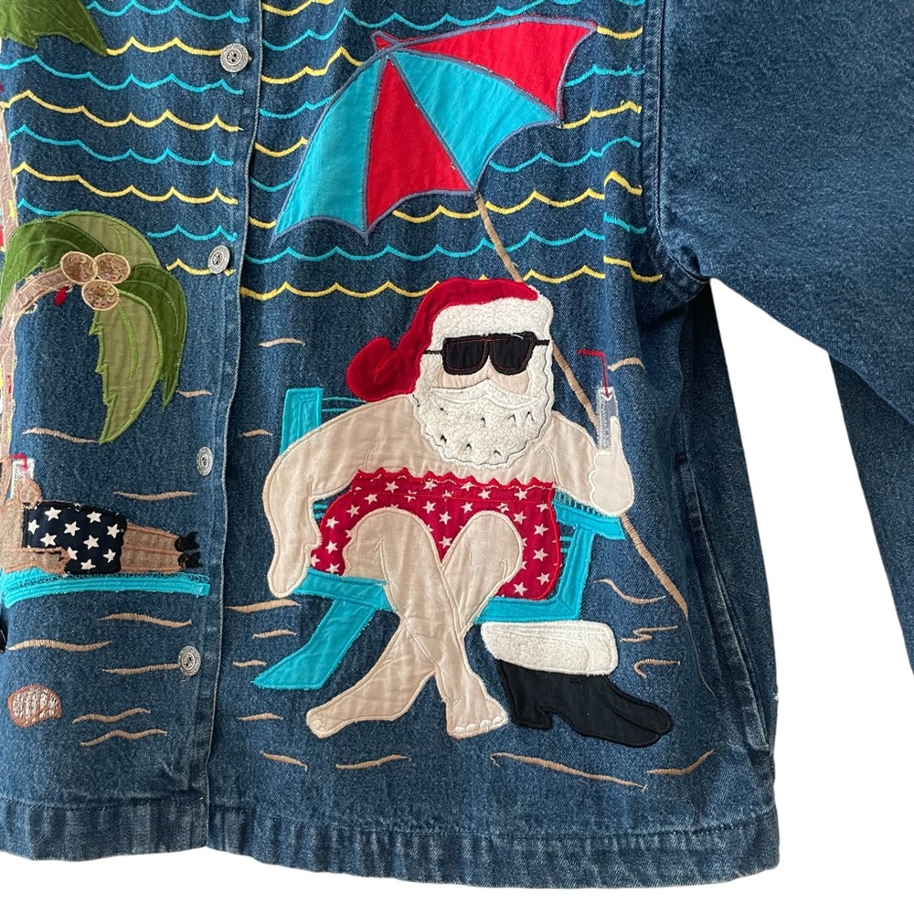 Santa Beach Denim Button Down Jacket So Cute Embr… - image 4